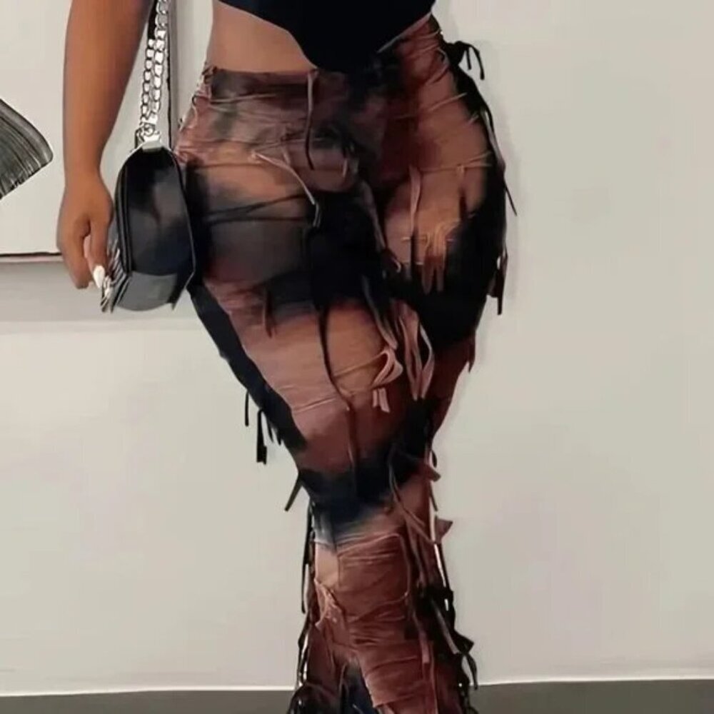 Tassel Mesh Tie Dye Flare Leg Pants